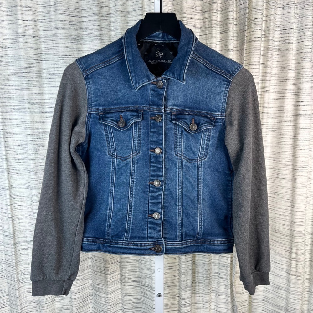 Lee Platinum Label Mixed Media Denim Jacket Blue‎ Grey Knit Sleeves Small